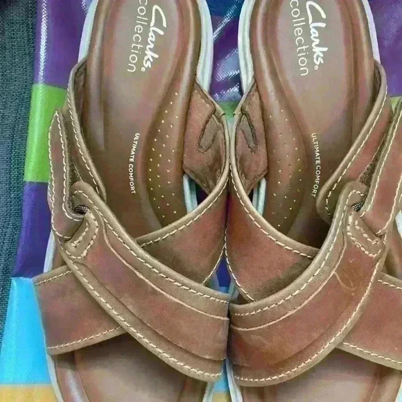 Ladies Clark Collection sandal light brown with white piping - Picture 4 of 10